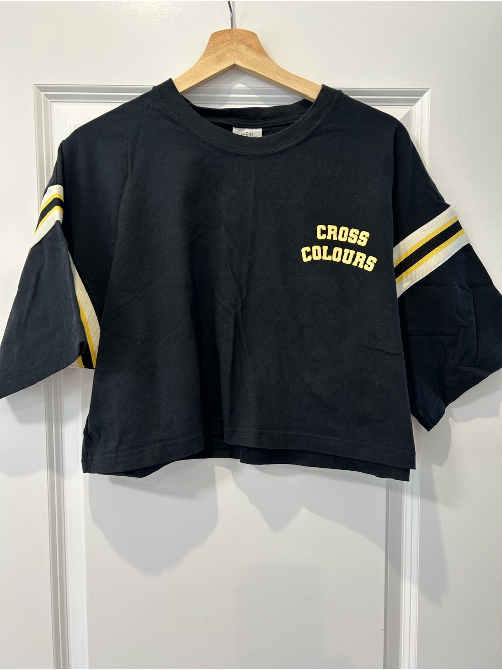 Cross Colours Women's Black Cropped Tee with Yellow Stripe Detail
